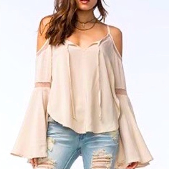 Others Follow shirt - cream boho bell sleeves open shoulder lace accents NWT - Picture 1 of 10